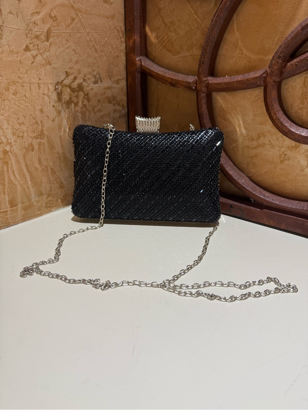 Lauren Lorraine Black Beaded Clutch with Silver Chain